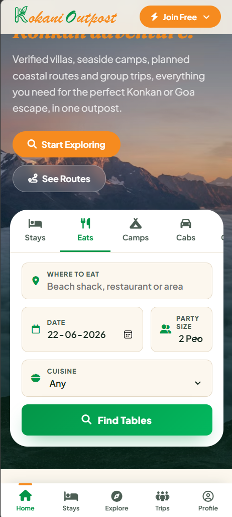 Kokani Outpost mobile app — eats tab
