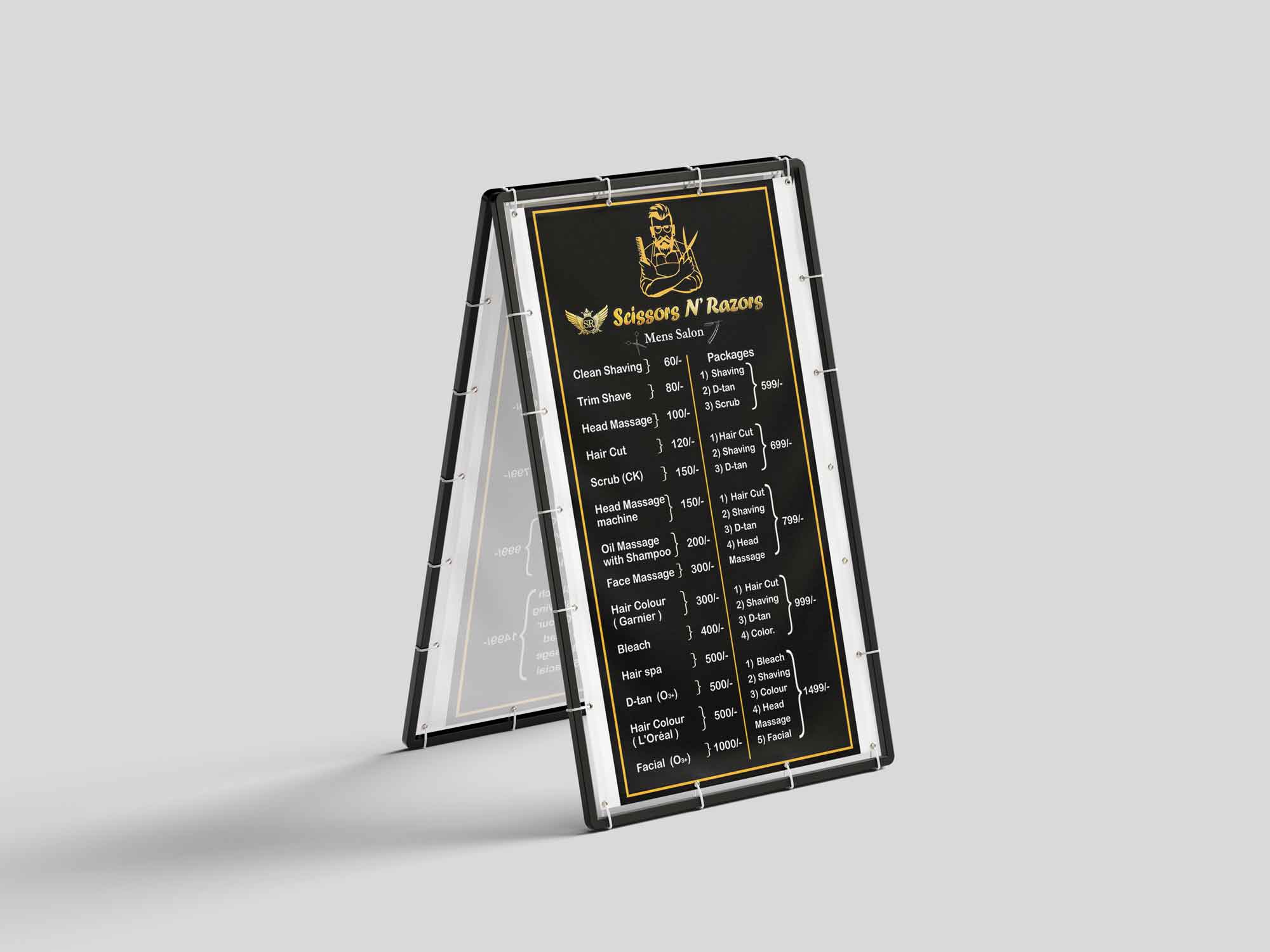Scissors N Razors branded standee variant — services and menu design