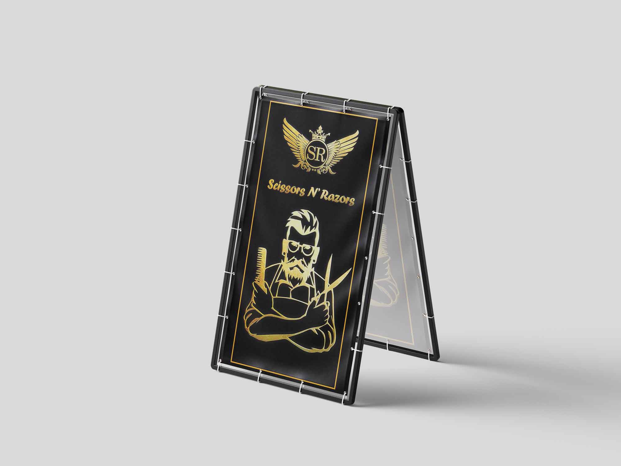 Scissors N Razors branded standee — barber mascot and logo on black background
