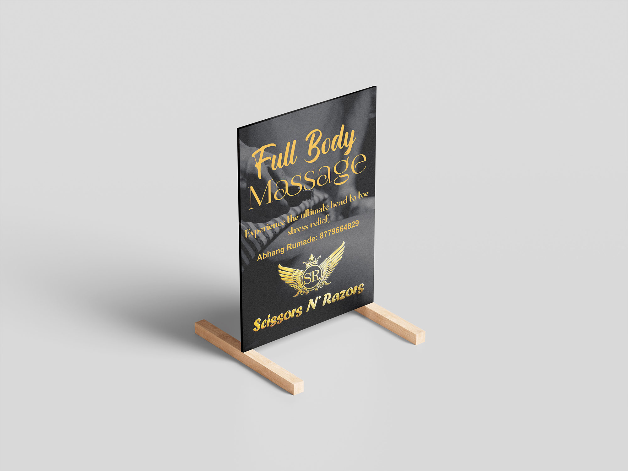 Scissors N Razors table standee — Full Body Massage service promotion card