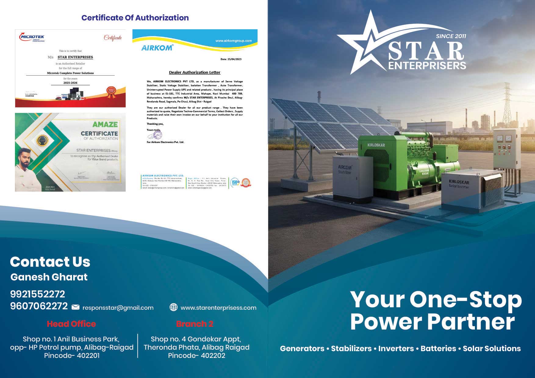 A5 Brochure Front — Contact and Certificates