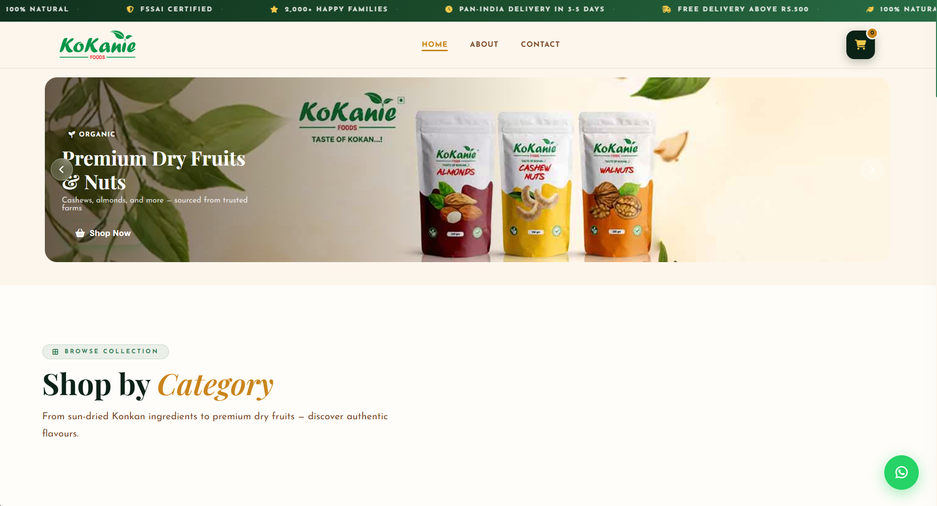 Desktop view of the Kokanie Foods website homepage