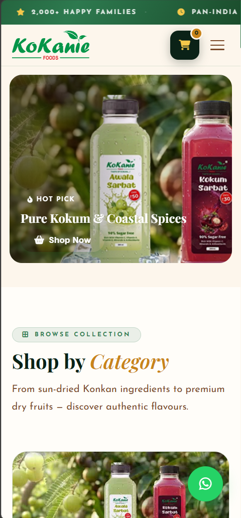 Mobile view of the Kokanie Foods website product page
