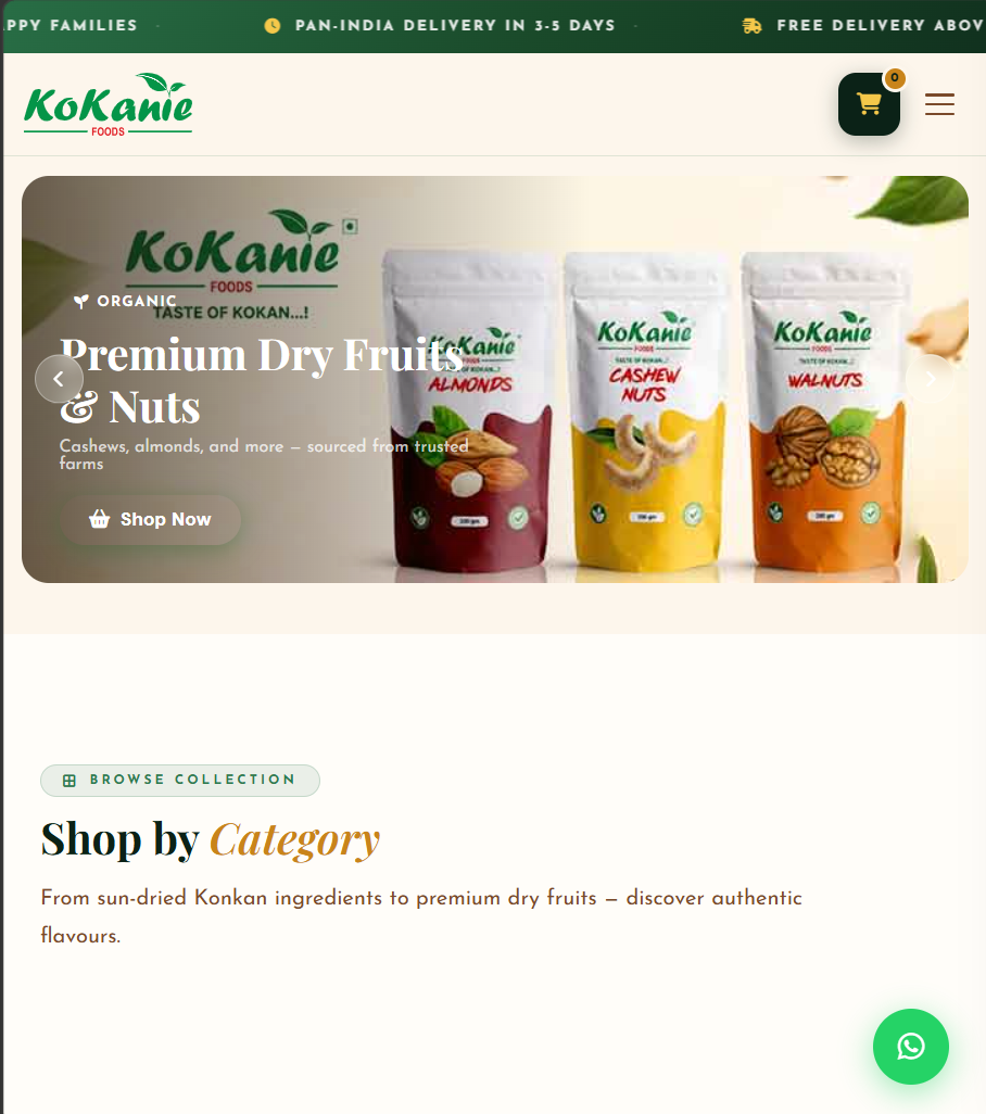 Tablet view of the Kokanie Foods website product grid